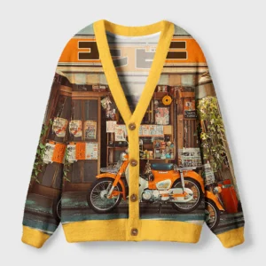 Front view of the vintage motorcycle design cardigan sweater, showcasing vibrant colors and unique graphics.