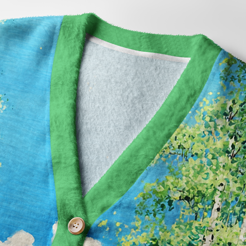 Horses in Bloom Cardigan Sweater Close-up detail of the buttons and floral horse design on the horses in bloom cardigan sweater, highlighting its unique artwo