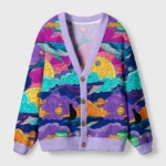 Front view of the Meow in the Milky Way cardigan sweater featuring colorful galaxy cat design and purple trim.
