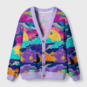 Front view of the Meow in the Milky Way cardigan sweater featuring colorful galaxy cat design and purple trim.