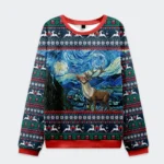 Front view of the Rudolph Under The Starry Night Christmas Ugly Sweatshirt featuring vibrant celestial designs.