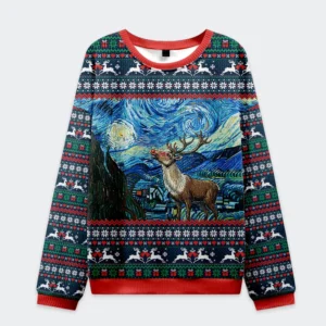 Front view of the Rudolph Under The Starry Night Christmas Ugly Sweatshirt featuring vibrant celestial designs.