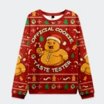 Front view of the official cookie taste tester sweatshirt in red, featuring a cheerful gingerbread design and festive details
