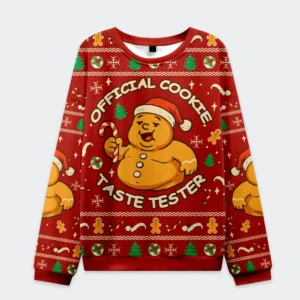 Front view of the official cookie taste tester sweatshirt in red, featuring a cheerful gingerbread design and festive details