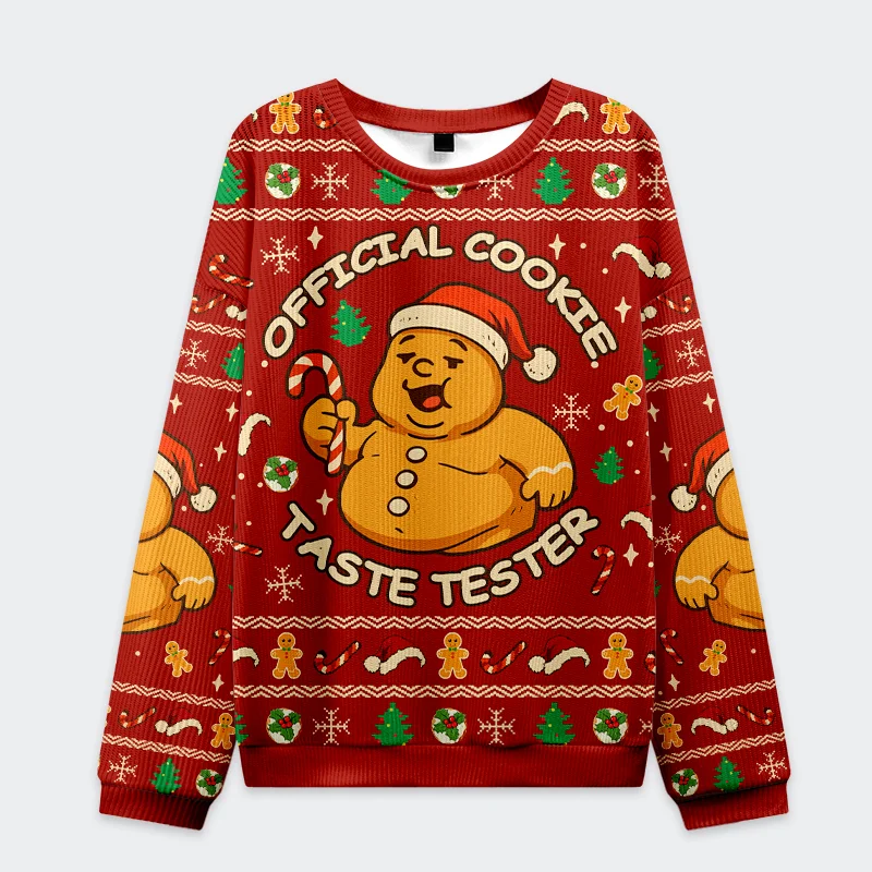 Official Cookie Taste Tester Christmas Ugly Sweatshirt Front view of the official cookie taste tester sweatshirt in red, featuring a cheerful gingerbread design and festive details