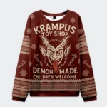 Front view of the krampus toy shop Christmas sweatshirt in dark red with playful designs and cozy knit texture.