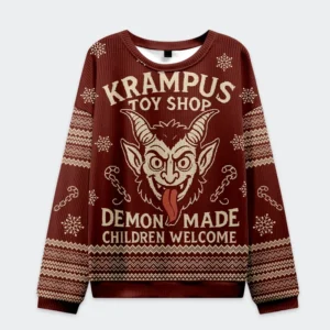 Front view of the krampus toy shop Christmas sweatshirt in dark red with playful designs and cozy knit texture.