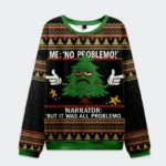 Front view of a funny Christmas tree sweatshirt in black and green featuring a humorous tree design and festive patterns.