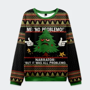 Front view of a funny Christmas tree sweatshirt in black and green featuring a humorous tree design and festive patterns.