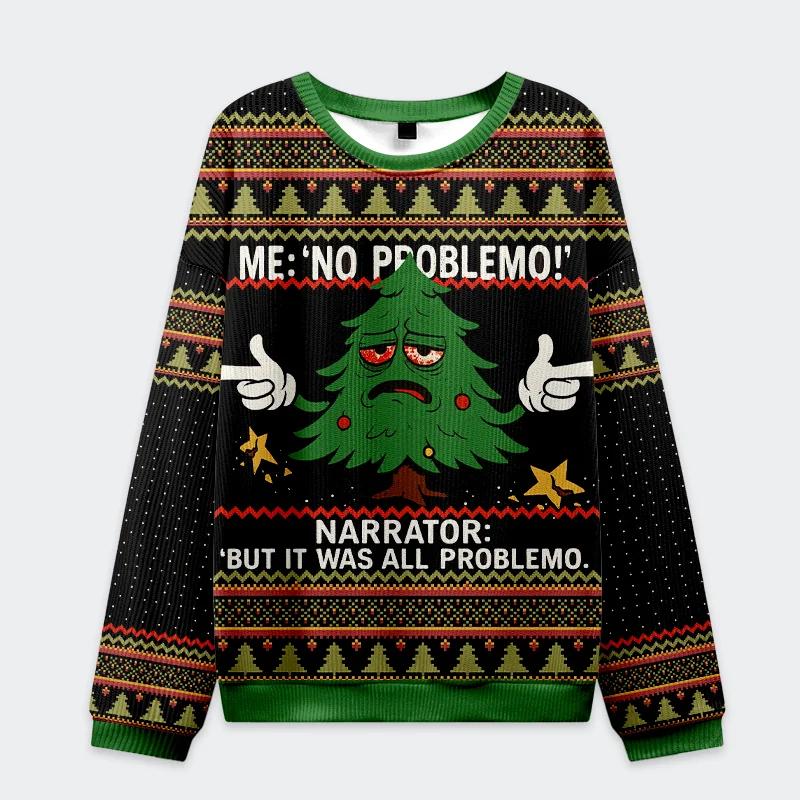 Funny Christmas Tree Sweatshirt | Comfy Holiday Style Front view of a funny Christmas tree sweatshirt in black and green featuring a humorous tree design and festive patterns.