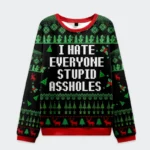 Front view of the I Hate Everyone Stupid Assholes sweatshirt in black with festive green and red design elements.