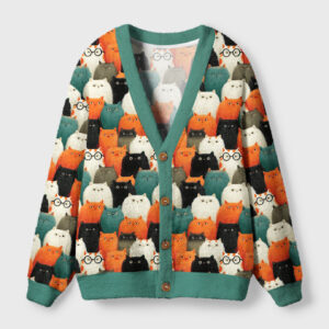 Front view of the watching cats cardigan sweater featuring a colorful cat pattern and green trim.