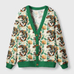 Front view of the Mystic Gecko Totem Cardigan Sweater featuring vibrant reptile art and a green trim.