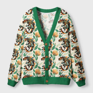 Front view of the Mystic Gecko Totem Cardigan Sweater featuring vibrant reptile art and a green trim.
