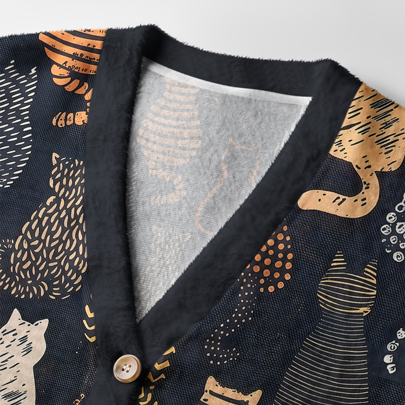 Abstract Line Art Cat Cardigan Sweater Close-up detail of abstract line art cat cardigan sweater highlighting unique textures and stylish buttons.