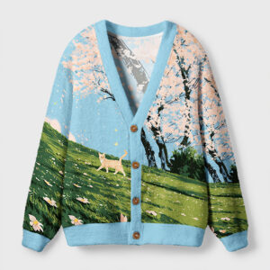 Front view of the Blossom Hillside Cat Cardigan Sweater featuring a blue floral cat design and button details.