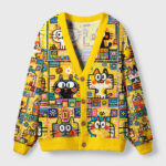 Front view of the doodle cat universe cardigan sweater showcasing vibrant celestial cat design and yellow color.