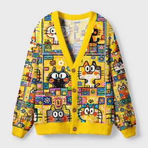 Front view of the doodle cat universe cardigan sweater showcasing vibrant celestial cat design and yellow color.