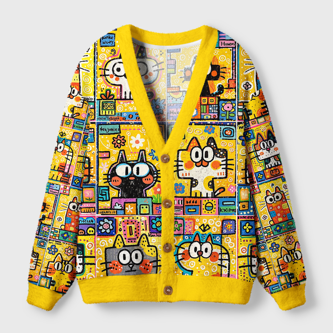 Doodle Cat Universe Cardigan Sweater | Celestial Cat Design Front view of the doodle cat universe cardigan sweater showcasing vibrant celestial cat design and yellow color.
