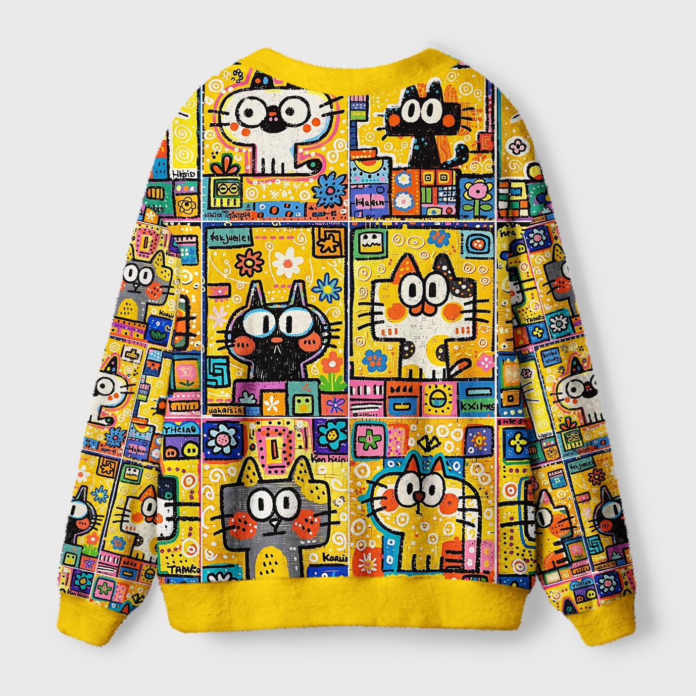 Doodle Cat Universe Cardigan Sweater | Celestial Cat Design Back view of the doodle cat universe cardigan sweater with a playful cat print against a bright yellow background.