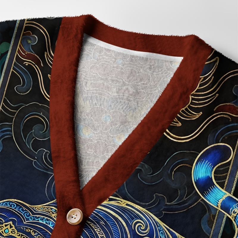 Vintage Tiger Cardigan Sweater | East Asian Art Design Close-up detail of the vintage tiger cardigan sweater's buttons and textures, highlighting its unique design and craftsmanshi