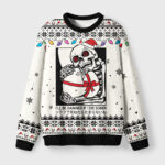 Front view of the I'll Be Damned If I Die Sober fuzzy sweatshirt featuring a skeleton design on a white base.