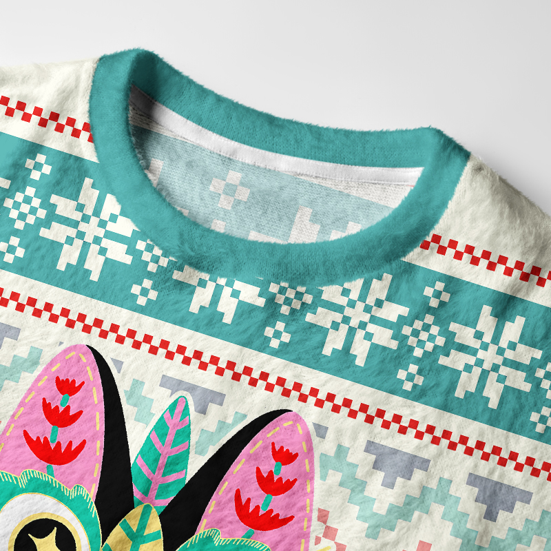 Lucky Tile Cat Fuzzy Christmas Sweatshirt Close-up detail of the lucky tile cat fuzzy Christmas sweatshirt highlighting the intricate cat design and soft texture.