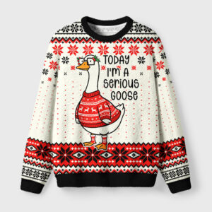 Front view of the serious goose fuzzy Christmas sweatshirt featuring a whimsical goose in a red sweater.
