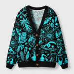 Front view of the witchy rabbit skull mushroom cardigan featuring vibrant blue designs on black fabric.