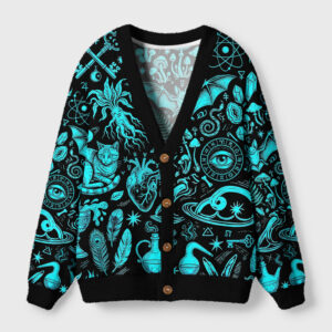 Front view of the witchy rabbit skull mushroom cardigan featuring vibrant blue designs on black fabric.