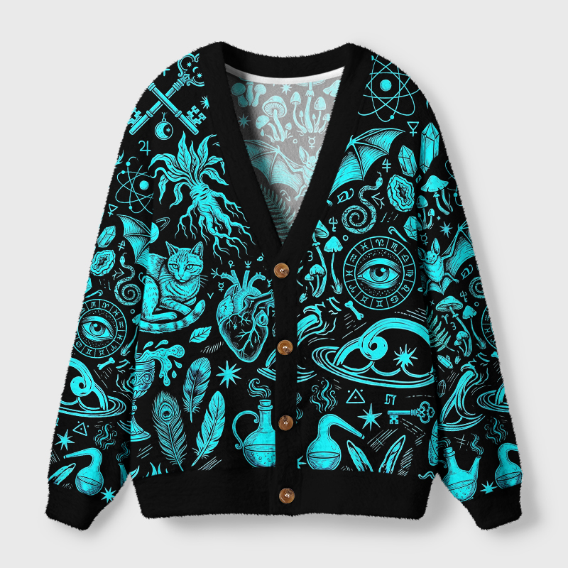 Witchy Rabbit Skull Mushroom Cardigan Front view of the witchy rabbit skull mushroom cardigan featuring vibrant blue designs on black fabric.