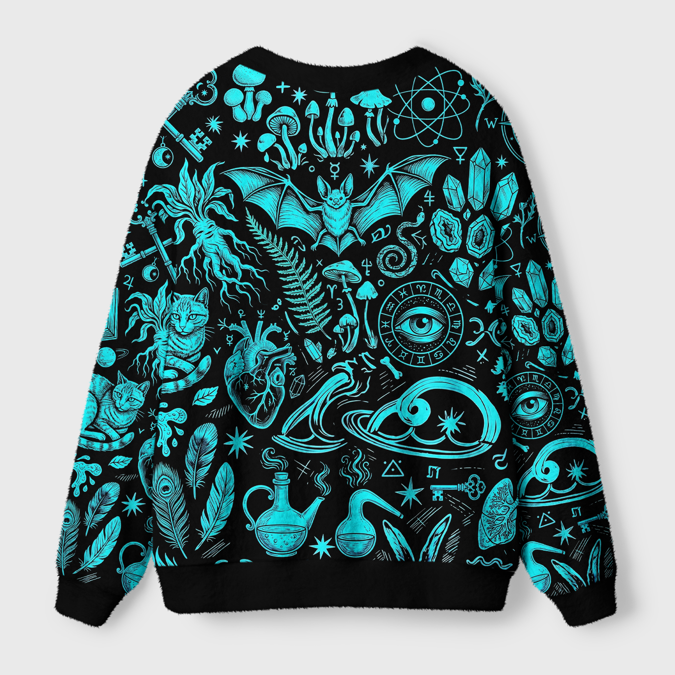 Witchy Rabbit Skull Mushroom Cardigan Back view of the witchy rabbit skull mushroom cardigan showcasing intricate mystical patterns and cozy fit.