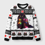 Front view of a cozy white sweatshirt featuring a cat design with colorful Christmas lights, perfect for festive wear.