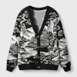 Front view of the land of falling snow cardigan sweater showcasing its winter landscape design and button details.