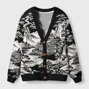 Front view of the land of falling snow cardigan sweater showcasing its winter landscape design and button details.