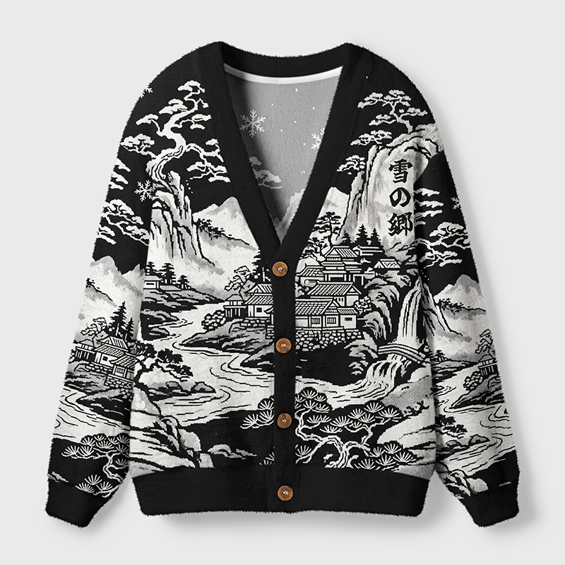 Land of Falling Snow Cardigan Sweater Front view of the land of falling snow cardigan sweater showcasing its winter landscape design and button details.