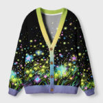Glowing starry meadow cardigan sweater featuring a vibrant celestial design, viewed from the front with colorful buttons.