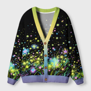 Glowing starry meadow cardigan sweater featuring a vibrant celestial design, viewed from the front with colorful buttons.