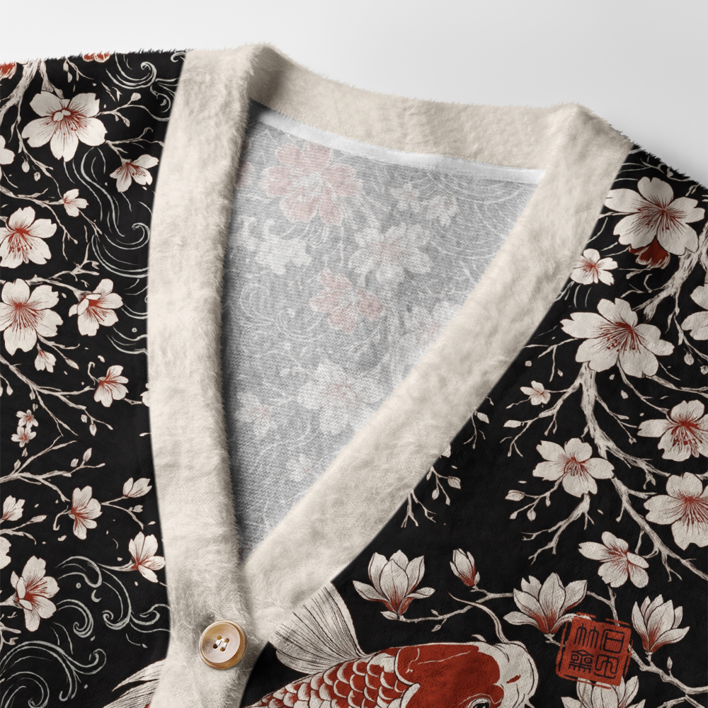 Vintage Sakura Koi Cardigan Sweater | Japanese Floral Design Close-up detail of the vintage sakura koi cardigan sweater highlighting the vibrant koi and cherry blossoms design.