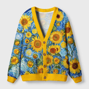 Front view of the Van Gogh Starry Sky Sunflowers Cardigan featuring vibrant blue and yellow hues.