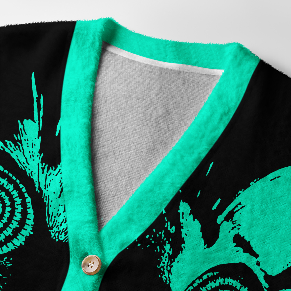 Cool Cat Japanese Cardigan Sweater | Japanese Cat Design Close-up detail of the cool cat Japanese cardigan sweater highlighting the intricate cat graphics and button accents.