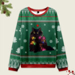Front view of the lights cat Japanese green Christmas ugly sweatshirt featuring a cat with lights design.