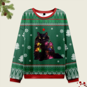 Front view of the lights cat Japanese green Christmas ugly sweatshirt featuring a cat with lights design.