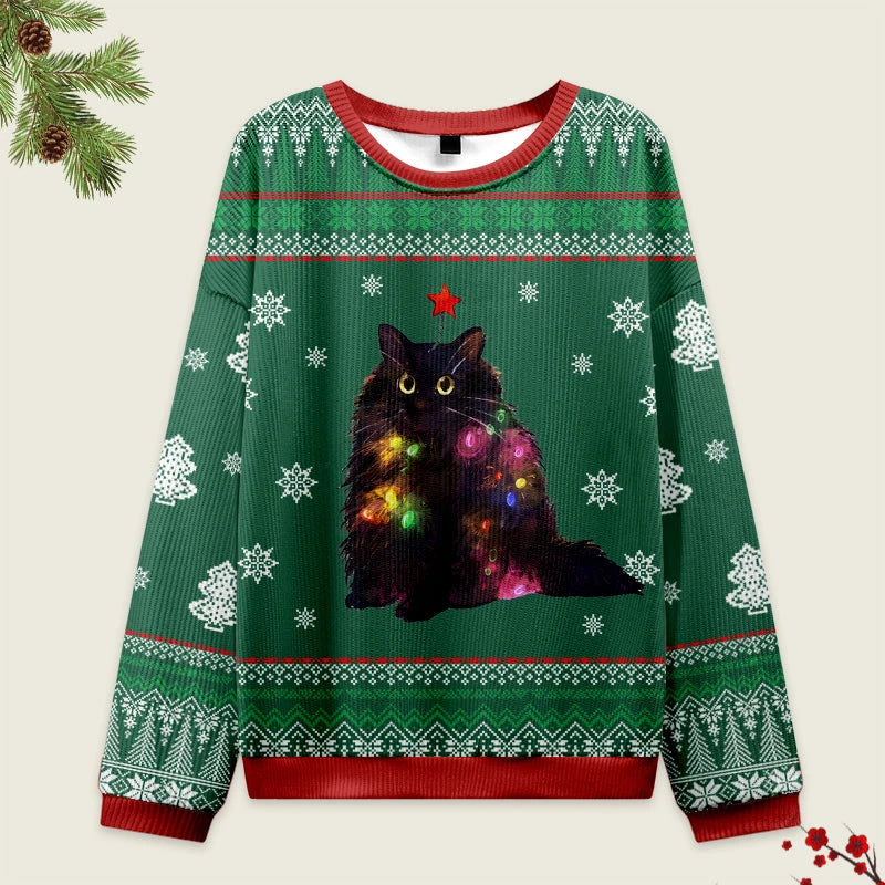 Lights Cat Japanese Green Christmas Ugly Sweatshirt Front view of the lights cat Japanese green Christmas ugly sweatshirt featuring a cat with lights design.