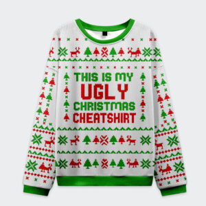 Front view of the This Is My Ugly Christmas Sweatshirt featuring festive green and red design elements.