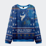Front view of the retro zen cat living the present sweatshirt in blue with a whimsical cat design and festive patterns.