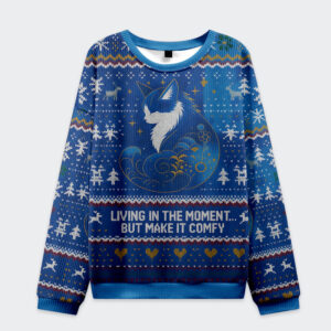 Front view of the retro zen cat living the present sweatshirt in blue with a whimsical cat design and festive patterns.