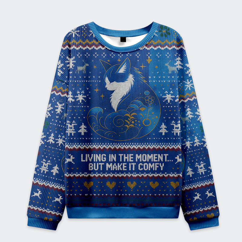 Retro Zen Cat Living the Present Sweatshirt Front view of the retro zen cat living the present sweatshirt in blue with a whimsical cat design and festive patterns.