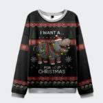 Front view of the I Want a Moo Deng Christmas Ugly Sweatshirt featuring a cheerful hippo in festive lights.
