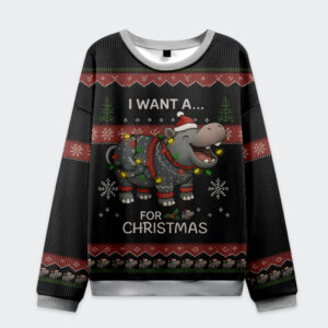 Front view of the I Want a Moo Deng Christmas Ugly Sweatshirt featuring a cheerful hippo in festive lights.